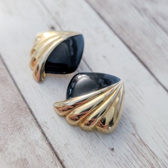 Vintage Stud Earrings Large Statement Retro Black & Gold Tone - Picture 2 of 4